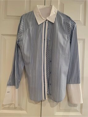 Pink Tartan Blue & White Striped Button-Down with Contrast Collar